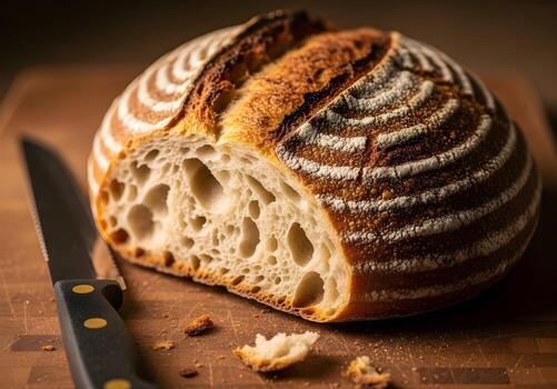 Artisanal Sourdough Bread Loaf, Freshly Baked and Sliced, Showcasing a Perfect Open Crumb on a Rustic Wooden Board with a Sharp Knife, Ready for a Delicious Meal photo