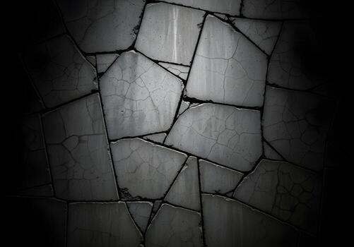 Distressed and fragmented concrete wall background featuring a dark, textured surface with intricate cracks and a dramatic spotlight effect, perfect for grunge designs photo