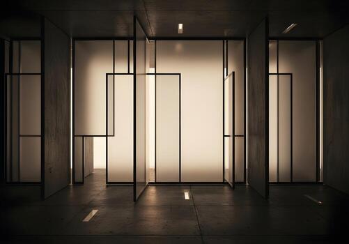 Striking modern architectural interior with geometric frosted glass partitions and concrete elements, creating an abstract, minimalist space bathed in subtle ambient light photo