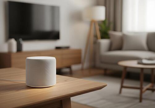 Smart home assistant device with voice control on a table in a contemporary living room interior with blurred background photo