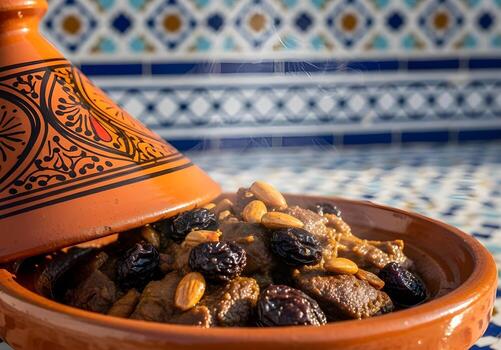 Authentic Moroccan Tagine with Plums and Almonds on Traditional Table photo