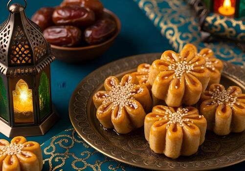 Delicious Ramadan Sweets with Dates and Lantern Glow photo