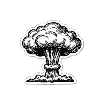 A detailed black and white hand-drawn illustration of a mushroom cloud, symbolizing an explosion or nuclear event, rendered with dynamic shading and bold outlines vector