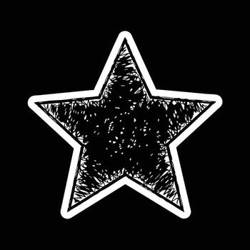 Grungy, hand-drawn star illustration with a raw, scribbled texture, presented in a high-contrast monochrome style on a black background, offering a distinctive artistic graphic element vector