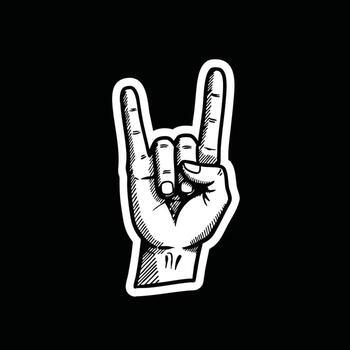 A bold, hand-drawn illustration of a hand making the iconic rock and roll gesture, symbolizing rebellion, music, and enthusiastic expression on a dark background vector