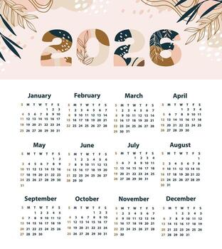 Calendar 2026 starting from Sunday. Various shapes and doodle objects. Modern art. Minimalist shapes. Geometric trendy illustrations. vector