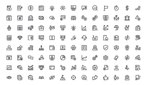 Finance Management icon set depicting bank accounts, invoices, and transactions for accurate monitoring of income and expenditures vector