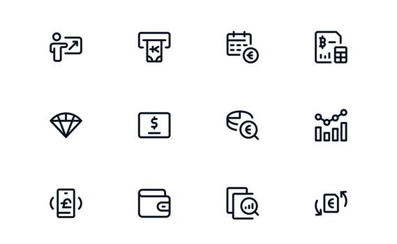 Finanzas administración icono conjunto demostración presupuesto herramientas, financiero calculadoras, y gastos rastreo para eficiente financiero controlar vector