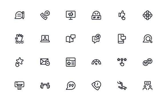 Customer Support Service icon set showing help desk, live chat, and ticket management for resolving client queries efficiently vector