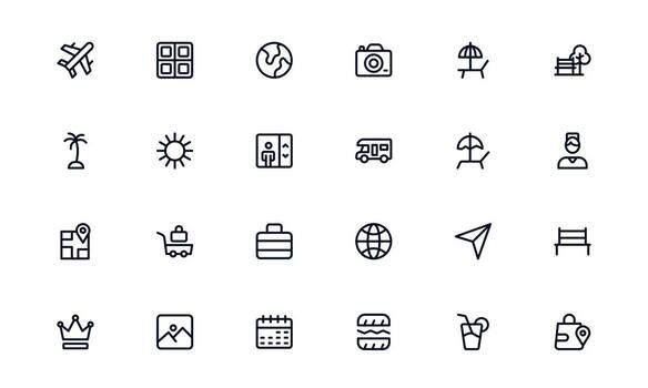 Travel Reservation and Trip Planning icons library minimal clean design for maps, calendars, and reservations vector