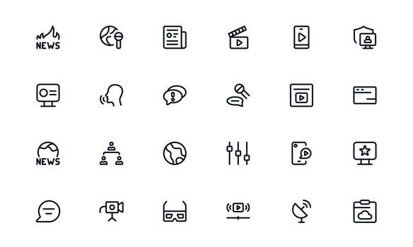 Media icon set depicting , audio, and publishing tools for broadcasting and communication vector