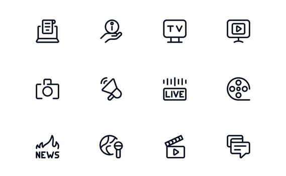 Media icon set showing television, radio, streaming platforms, and digital tools for content creation and information sharing vector