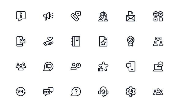 Customer Support Service icon set depicting call center operations, customer care agents, and support workflow for smooth assistance vector