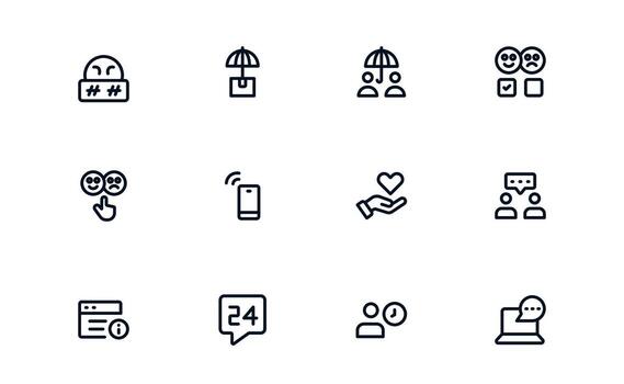 Customer Support Service icon set illustrating live chat support, query resolution, and ticket processing for professional client assistance vector