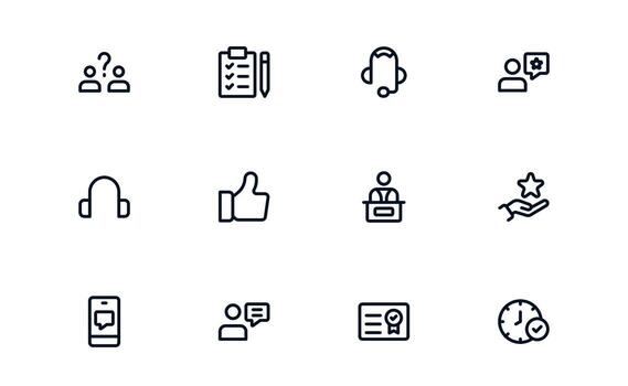Customer Support Service icon set representing feedback management, issue tracking, and service improvement for happy customers vector