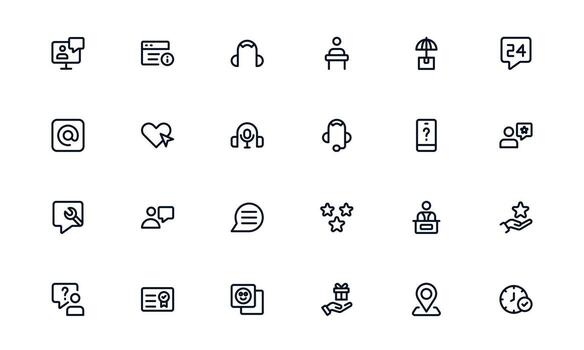 Customer Support Service icon set representing query management, live assistance, and communication tools for effective customer help vector