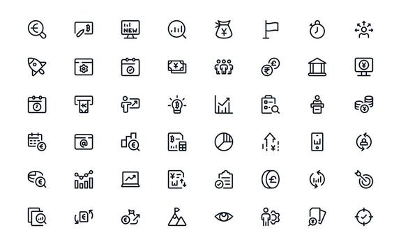 Finance Management icon set illustrating transaction monitoring, accounting tasks, and financial report generation for businesses vector