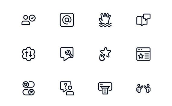 Customer Support Service icon set illustrating email support, feedback handling, and issue resolution for satisfied customers vector