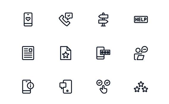 Customer Support Service icon set depicting help desk management, client communication, and response tracking for efficient service delivery vector
