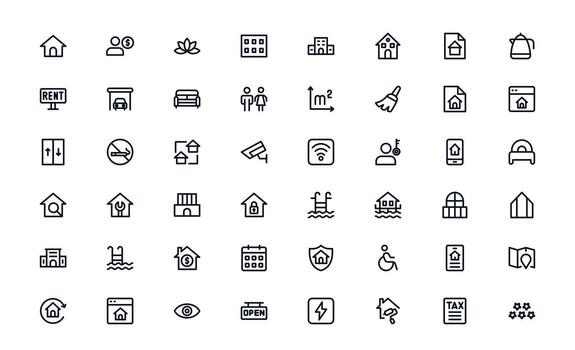 Property and Real Estate icon set representing commercial spaces, offices, and retail outlets for property management and sales vector