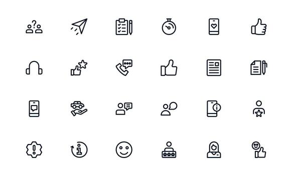 Customer Support Service icon set showing ticket tracking, knowledge base, and troubleshooting for seamless client support operations vector