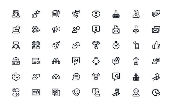 Customer Support Service icon set showing support agents, knowledge base, and troubleshooting for client help vector