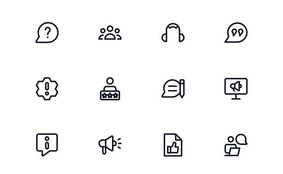 Customer Support Service icon set depicting call center, live chat, and support workflow for user assistance vector
