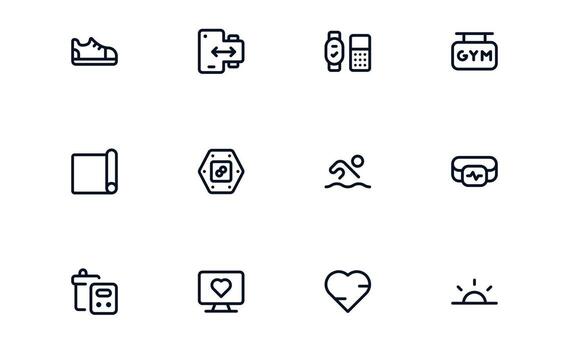 Health Tracker icon set showing daily fitness insights, step logs, and calorie analysis for improved physical performance and body balance vector