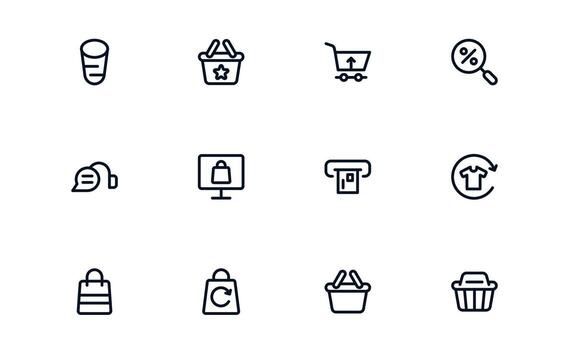 Shopping clean icons for e-commerce apps, cart systems, and online purchase user interfaces vector