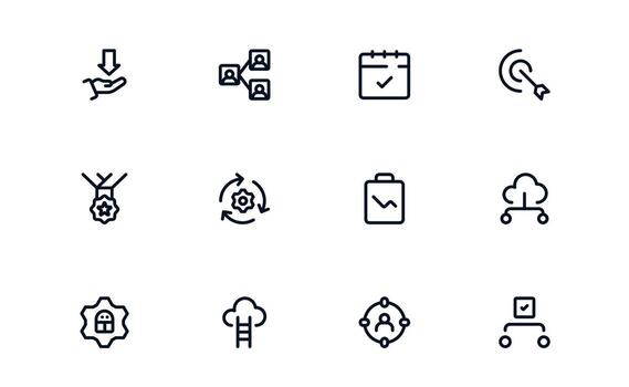 Productivity icon set representing goal achievement, routine management, and project execution for high-performance results vector