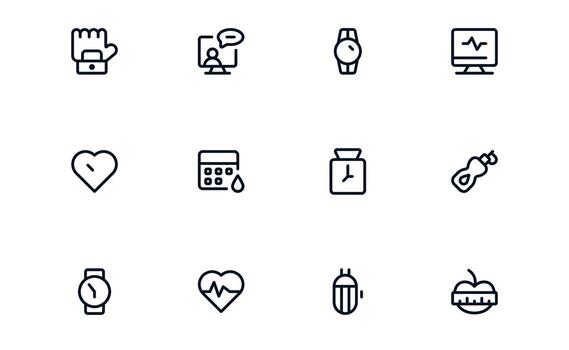 Health Tracker icon set showing real-time health updates, daily fitness summaries, and nutritional statistics for user awareness vector
