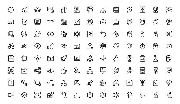 Productivity icon set illustrating progress analytics, project organization, and time management tools for effective results vector