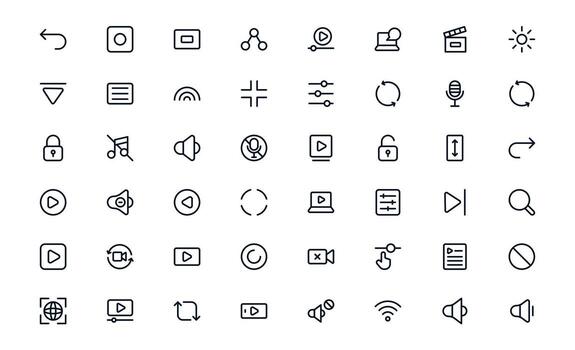 Playback and Media Control icons illustrating multimedia navigation, sound adjustment, and streaming control for digital players vector