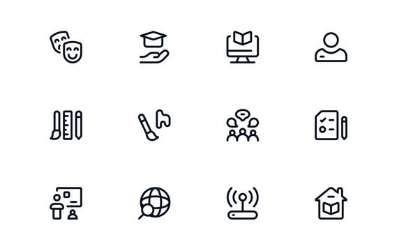 Modern Education Tools outline bundle showing tablets, pencils, and cloud-based learning platforms for modern study vector
