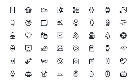 Health Tracker icon set illustrating health status logs, performance graphs, and goal tracking for fitness enthusiasts vector