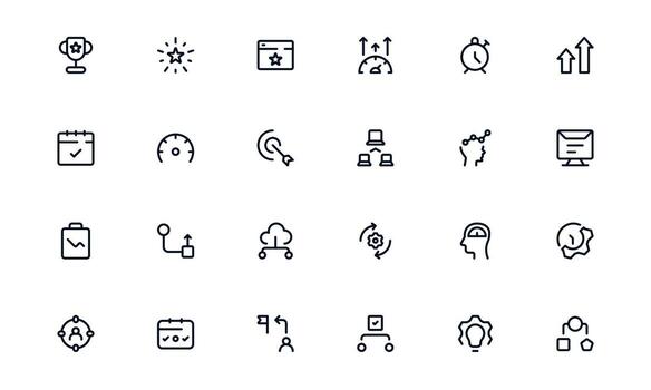 Productivity icon set highlighting task division, focus tracking, and workflow organization for efficient goal achievement vector