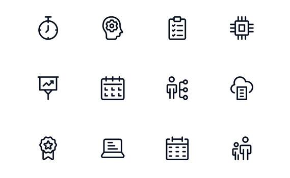 Productivity icon set illustrating task management, progress tracking, and goal achievement for effective and structured work approach vector
