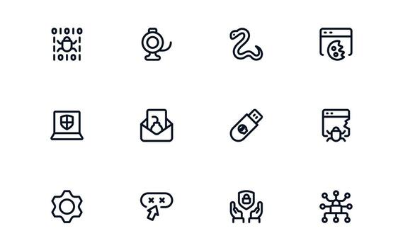 Security icon set depicting monitoring tools, secure operations, and safety management processes vector