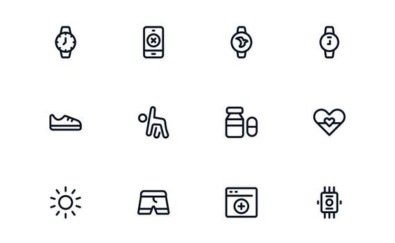 Health Tracker icon set depicting workout routines, heart monitoring, nutrition intake, and hydration tracking for balanced health tracking vector