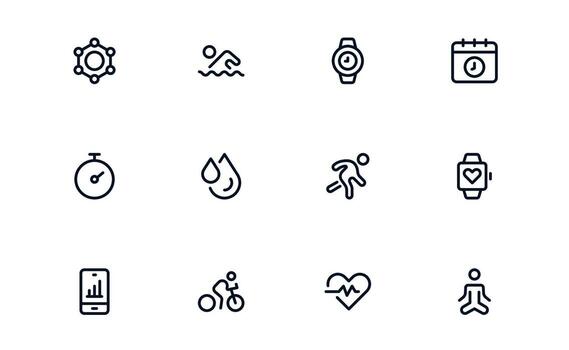 Health Tracker icon set illustrating calorie tracking, workout logging, step monitoring, and health statistics for maintaining physical fitness vector