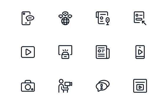 Media icon set highlighting streaming, audio broadcasting, and content management for digital platforms vector
