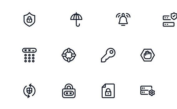 Security icon set illustrating firewalls, encryption, and data protection for online and network safety vector