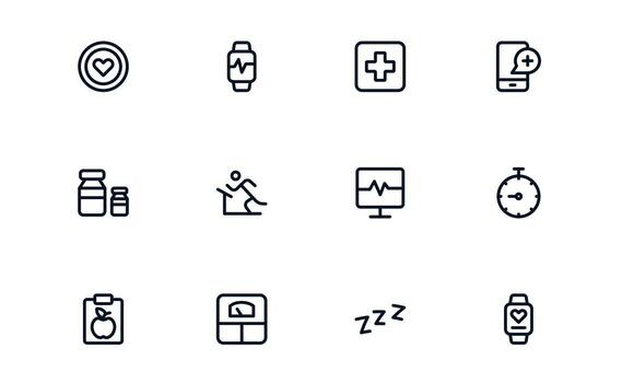 salud rastreador icono conjunto representando dormir modelo análisis, caloría seguimiento, aptitud objetivos, y ejercicio rutinas para mejor salud conciencia vector