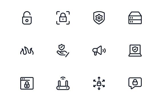 Security icon set illustrating surveillance monitoring, security alerts, and safety protocols vector