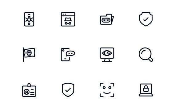 Security icon set showing surveillance cameras, alarms, and monitoring systems for safe environments vector