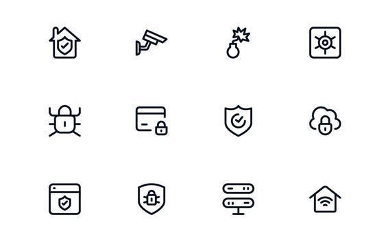 Security icon set highlighting protection shields, lock mechanisms, and threat prevention systems vector