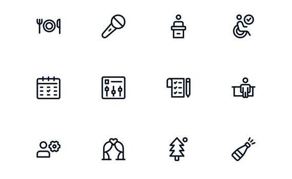 evento planificación icono conjunto representando flujo de trabajo supervisión, tarea seguimiento, y recurso planificación para organizado evento ejecución vector