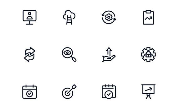 Productivity icon set illustrating goal setting, milestone tracking, and task completion for effective project and time management vector