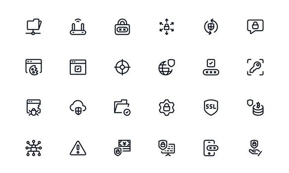 Security icon set illustrating surveillance, monitoring, and secure system management for protection vector