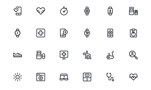 Health Tracker icon set representing daily step tracking, exercise logging, sleep monitoring, and calorie analysis for personal health improvement vector